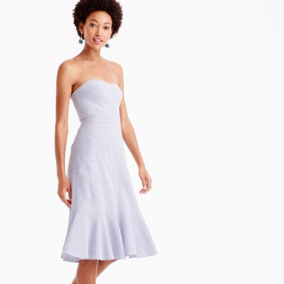 J CREW Seersucker Strapless A Line Midi Dress in Blue White Size 00 - Picture 1 of 8